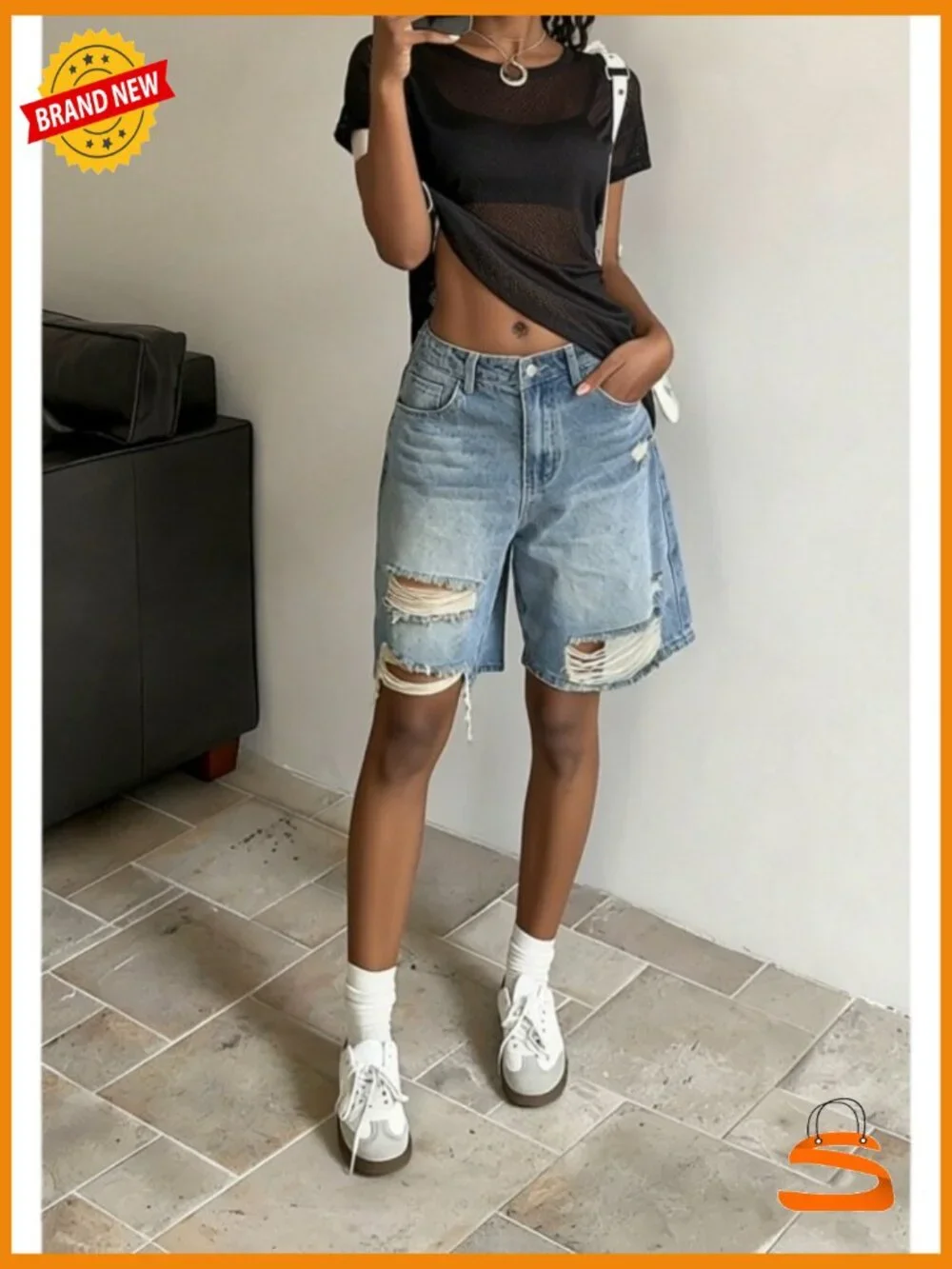 High Waisted Ripped Jean Shorts Baggy Bermuda Long Denim Jorts